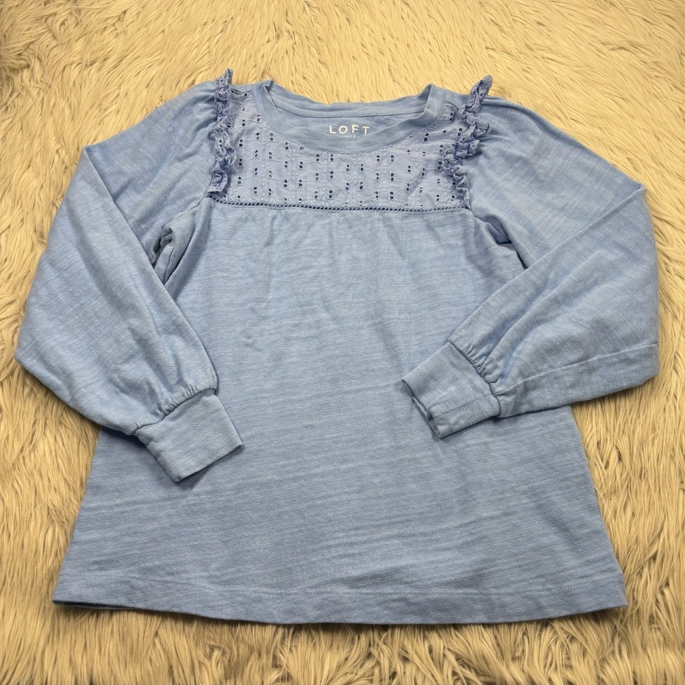 LOFT Women's SP Blue Eyelet Bib Long Sleeve Tee Top Milkmaid Coastal Prep